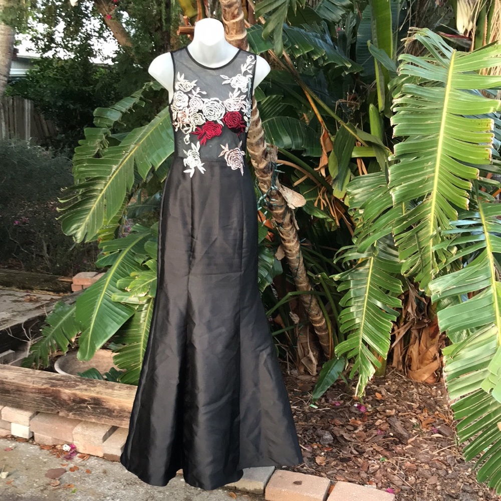 Xscape dark floral sheer mermaid trumpet gown